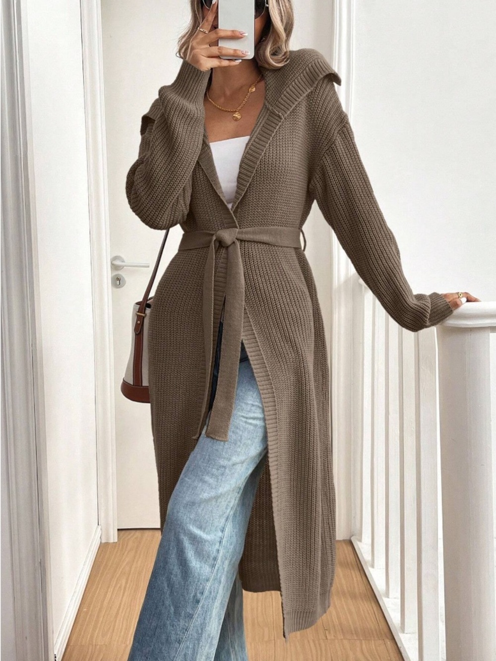 SHEIN Taupe Long Rib-Knit Belted Cardigan